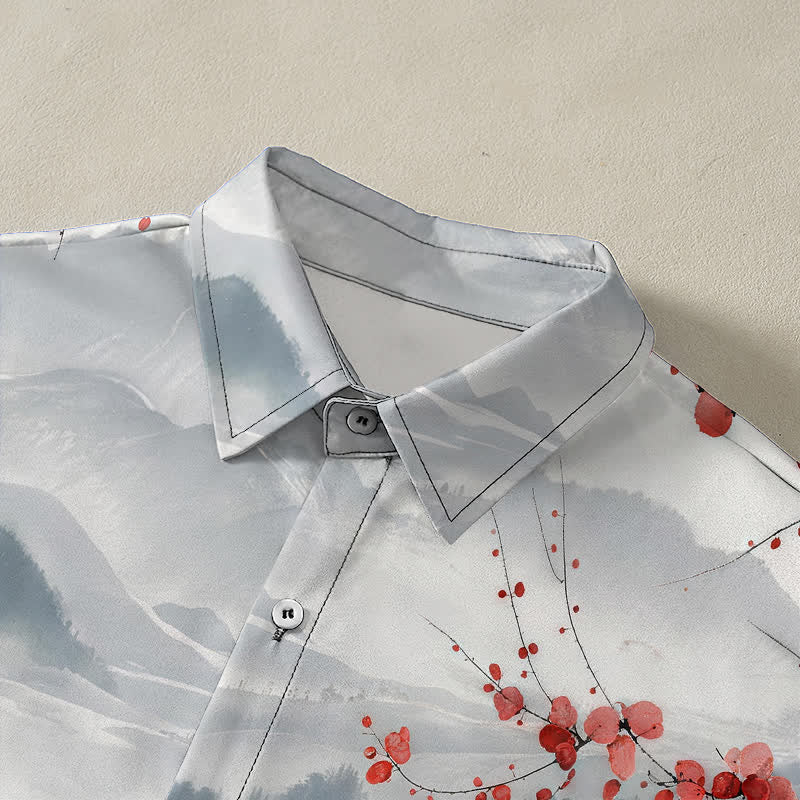 Buddha Stones Chemise à manches courtes respirante pour homme, motif de montagnes en fleurs rouges et d'encre, avec boutons. - image 2