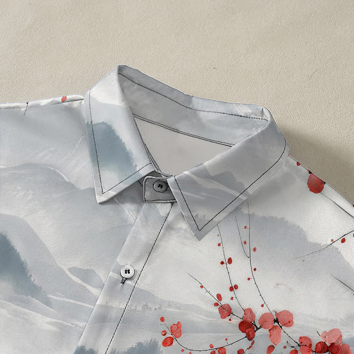 Buddha Stones Chemise à manches courtes respirante pour homme, motif de montagnes en fleurs rouges et d'encre, avec boutons. - image 2