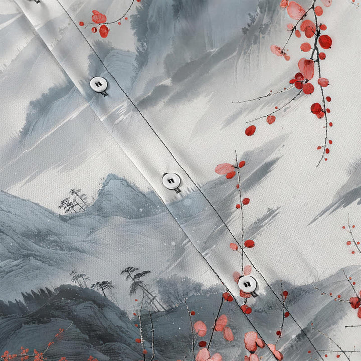 Buddha Stones Chemise à manches courtes respirante pour homme, motif de montagnes en fleurs rouges et d'encre, avec boutons. - image 3