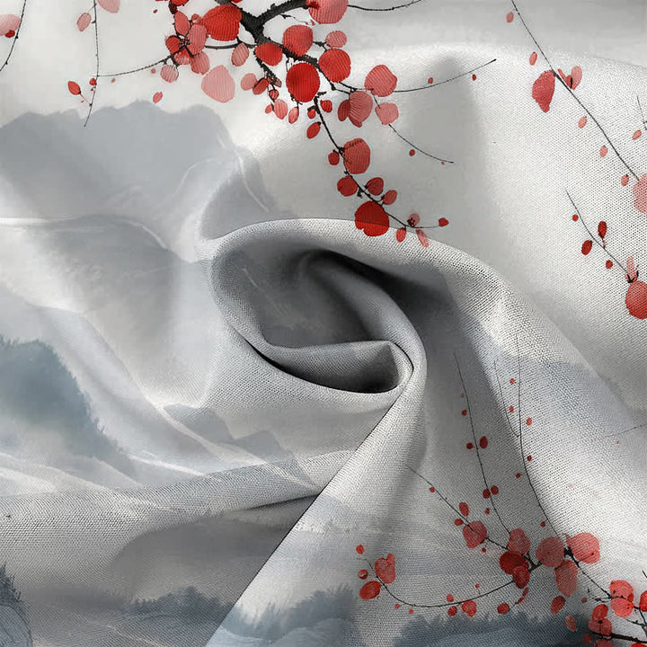 Buddha Stones Chemise à manches courtes respirante pour homme, motif de montagnes en fleurs rouges et d'encre, avec boutons. - image 4