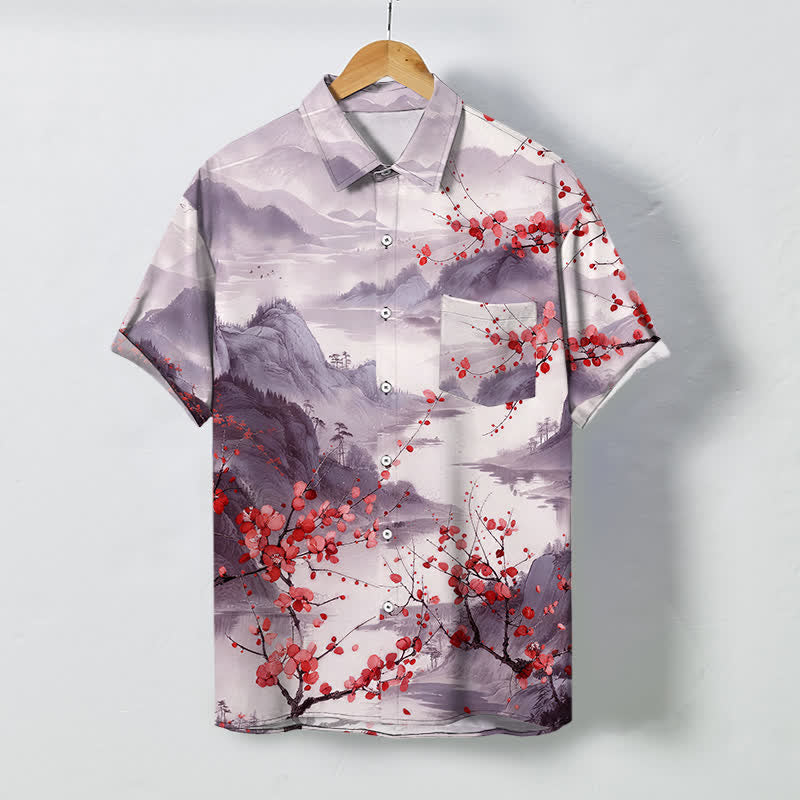 Buddha Stones Chemise à manches courtes respirante pour homme, motif de montagnes en fleurs rouges et d'encre, avec boutons. - Prune - US/UK/AU48，EU58 (4XL) - image 5