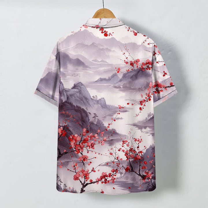 Buddha Stones Chemise à manches courtes respirante pour homme, motif de montagnes en fleurs rouges et d'encre, avec boutons. - image 6