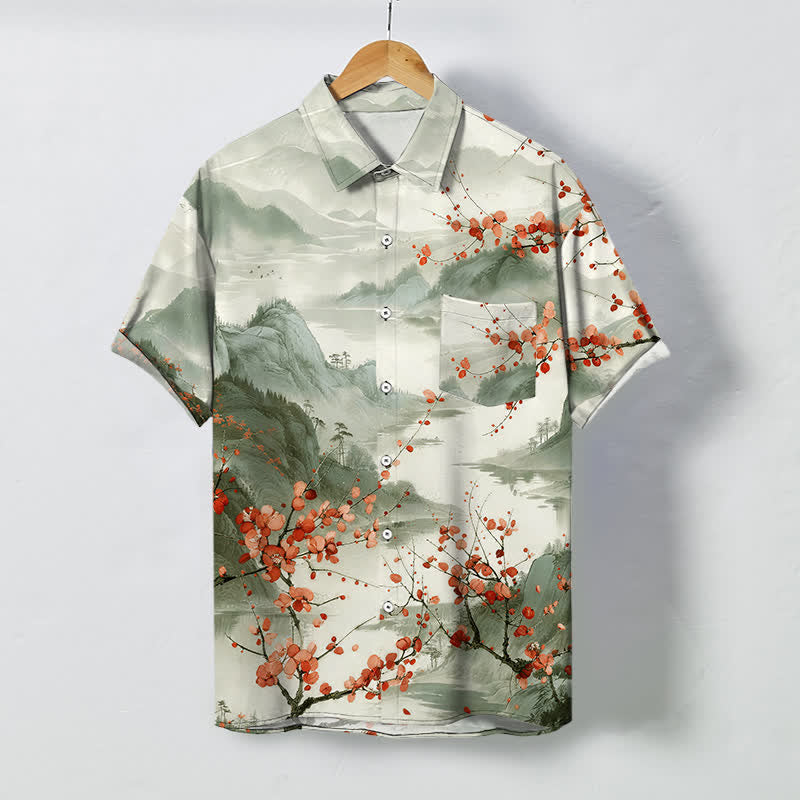 Buddha Stones Chemise à manches courtes respirante pour homme, motif de montagnes en fleurs rouges et d'encre, avec boutons. - Melon miellat - US/UK/AU48，EU58 (4XL) - image 7