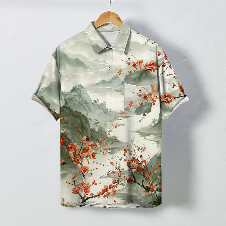 Buddha Stones Chemise à manches courtes respirante pour homme, motif de montagnes en fleurs rouges et d'encre, avec boutons. - Melon miellat - US/UK/AU48，EU58 (4XL) - image 7