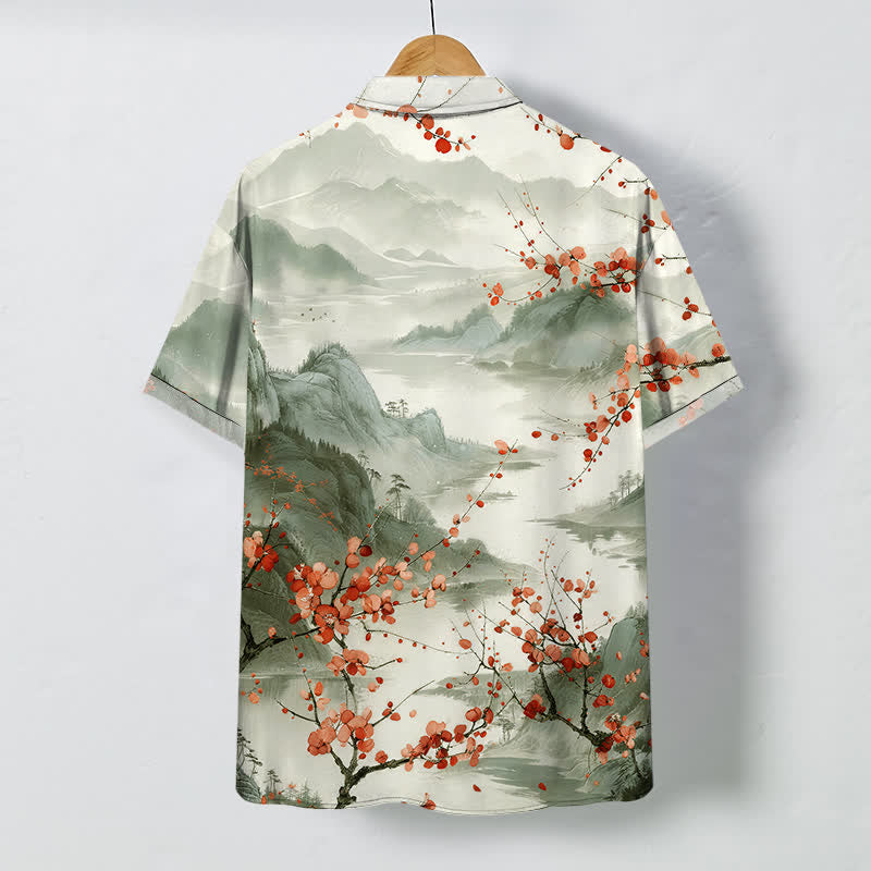 Buddha Stones Chemise à manches courtes respirante pour homme, motif de montagnes en fleurs rouges et d'encre, avec boutons. - image 8