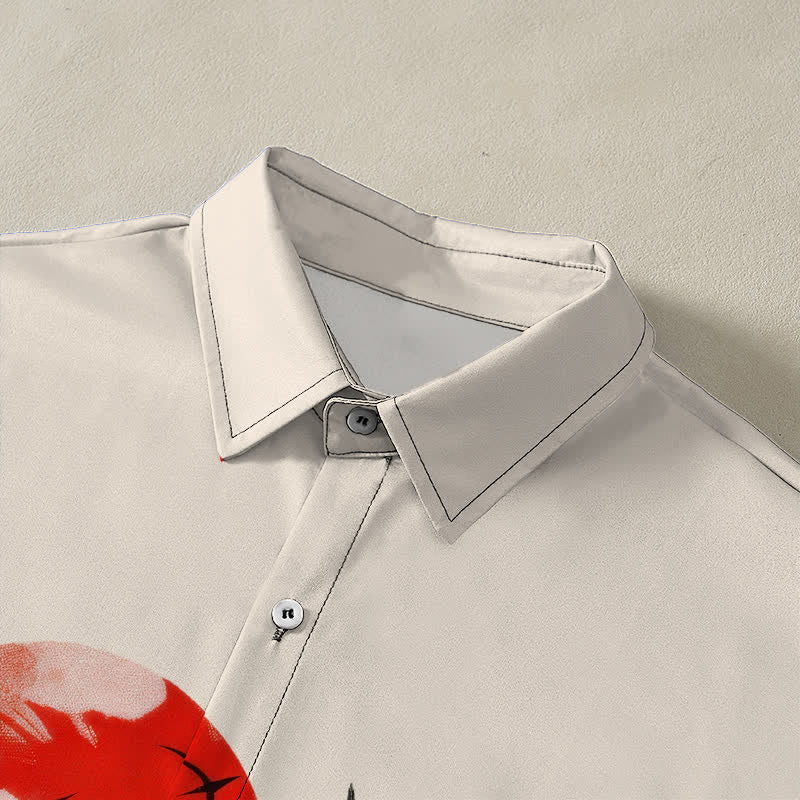 Buddha Stones Chemise à manches courtes respirante pour homme, à boutons et motif de grue volante et soleil rouge - image 2