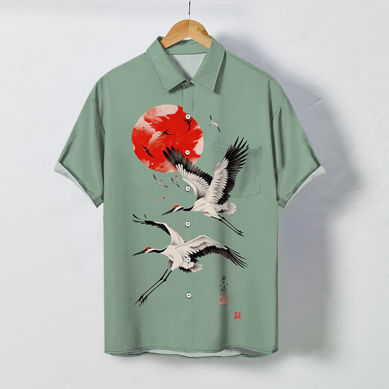 Buddha Stones Chemise à manches courtes respirante pour homme, à boutons et motif de grue volante et soleil rouge - Vert foncé - US/UK/AU48，EU58 (4XL) - image 7