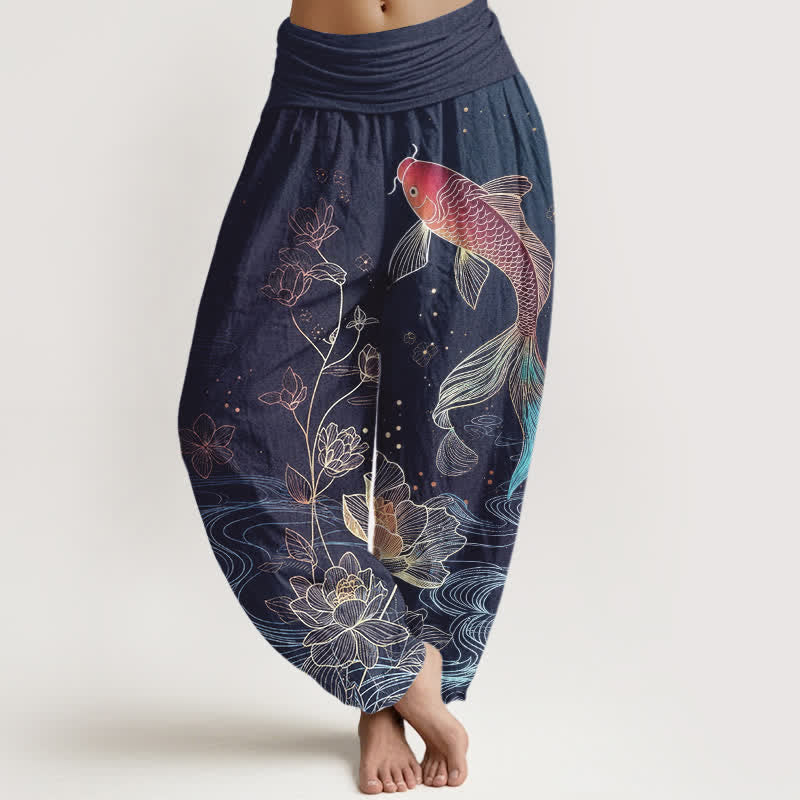 Buddha Stones Pantalon harem en pur coton à taille élastique, motif carpe koi et lotus - SteelBlue - US16，UK/AU20，EU48 (3XL) - image 0