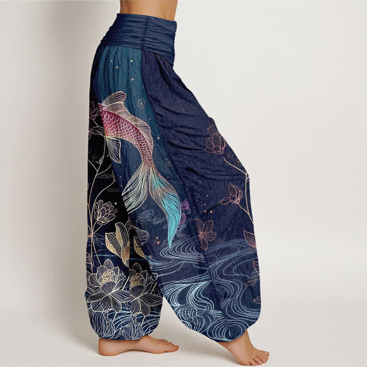 Buddha Stones Pantalon harem en pur coton à taille élastique, motif carpe koi et lotus - image 2