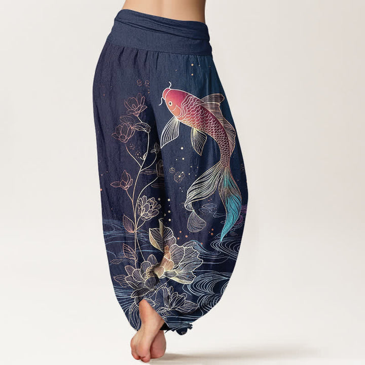 Buddha Stones Pantalon harem en pur coton à taille élastique, motif carpe koi et lotus - image 1