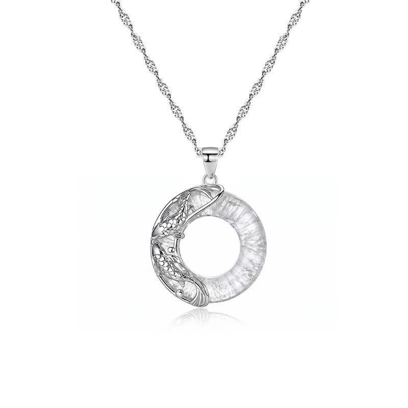 Buddha Stones Collier pendentif rond en quartz clair représentant une carpe koï porte-bonheur et une boucle de la paix - image 4