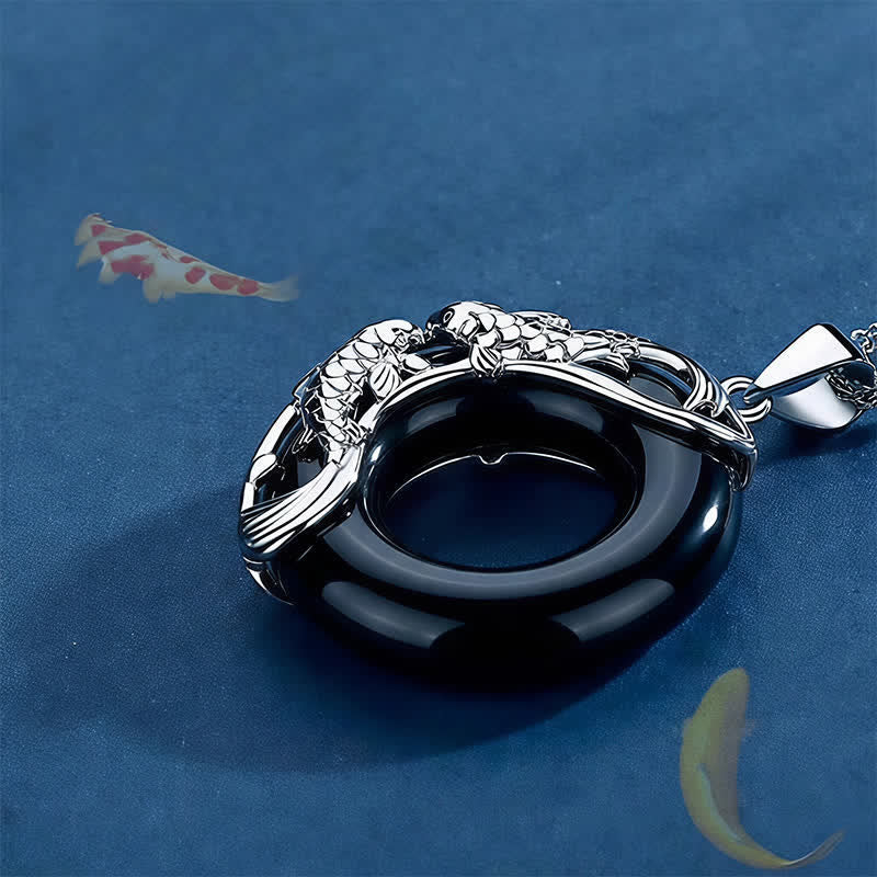 Buddha Stones Collier pendentif boucle de paix circulaire en obsidienne noire représentant une carpe koï porte-bonheur - image 3