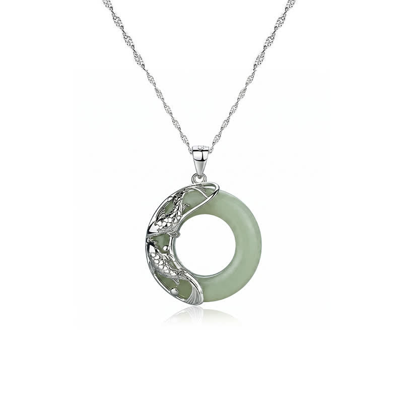 Buddha Stones Collier pendentif rond porte-bonheur en jade Hetian vert, motif carpe koï et boucle de la paix - image 4