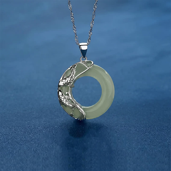 Buddha Stones Collier pendentif rond porte-bonheur en jade Hetian vert, motif carpe koï et boucle de la paix - image 2