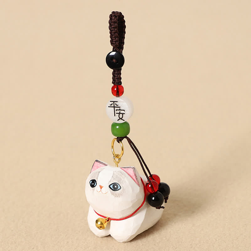 Buddha Stones Porte-clés de paix Om Mani Padme Hum en bois naturel sculpté à la main représentant un chat couché - Paix du Chat Blanc - image 9