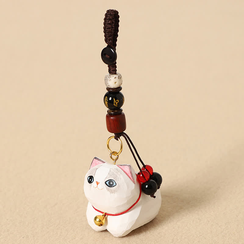 Buddha Stones Porte-clés de paix Om Mani Padme Hum en bois naturel sculpté à la main représentant un chat couché - Chat Blanc Om Mani Padme Hum - image 10