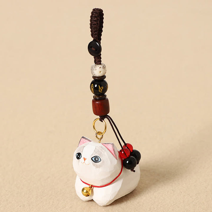 Buddha Stones Porte-clés de paix Om Mani Padme Hum en bois naturel sculpté à la main représentant un chat couché - Chat Blanc Om Mani Padme Hum - image 10