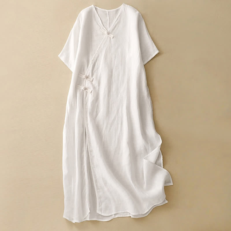 Robe mi-longue d'été en coton et lin à col en V et boutons grenouille pour femme - Blanc - US8-10，UK/AU12-14，EU40-42 (2XL) - image 9