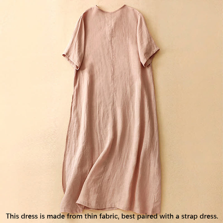 Robe mi-longue d'été en coton et lin à col en V et boutons grenouille pour femme - image 1