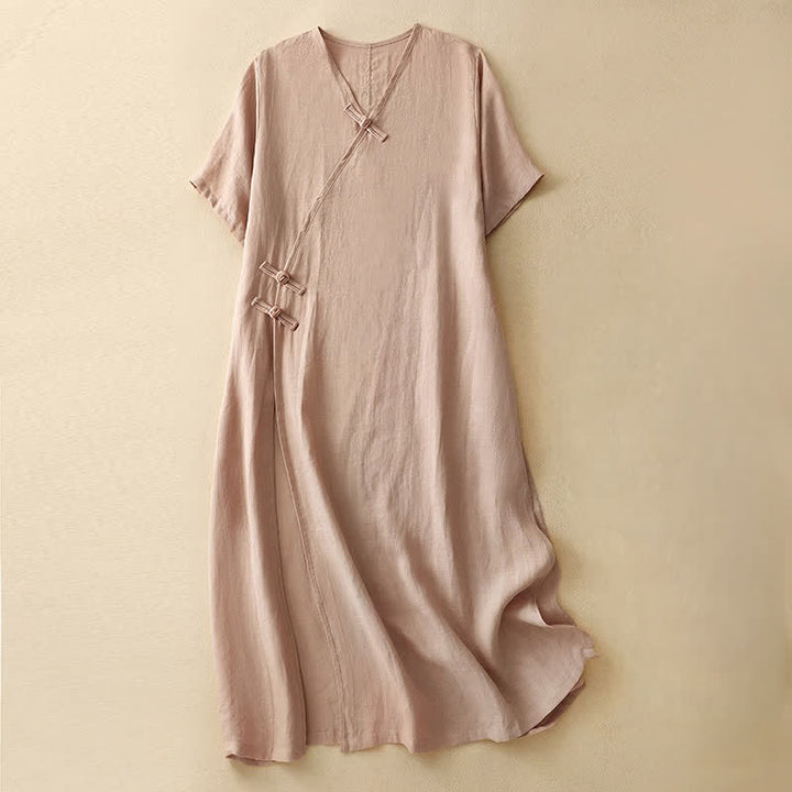 Robe midi d'été à manches courtes et col en V, boutons brandebourg, Buddha Stones - MistyRose - US8-10，UK/AU12-14，EU40-42 (2XL) - image 0