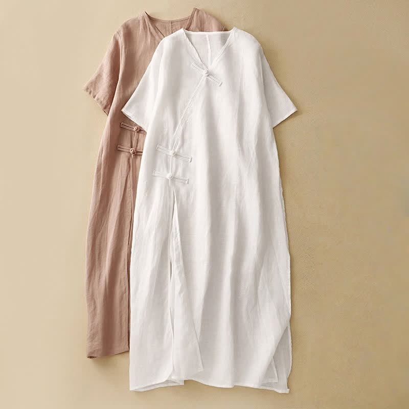 Robe mi-longue d'été en coton et lin à col en V et boutons grenouille pour femme - image 16
