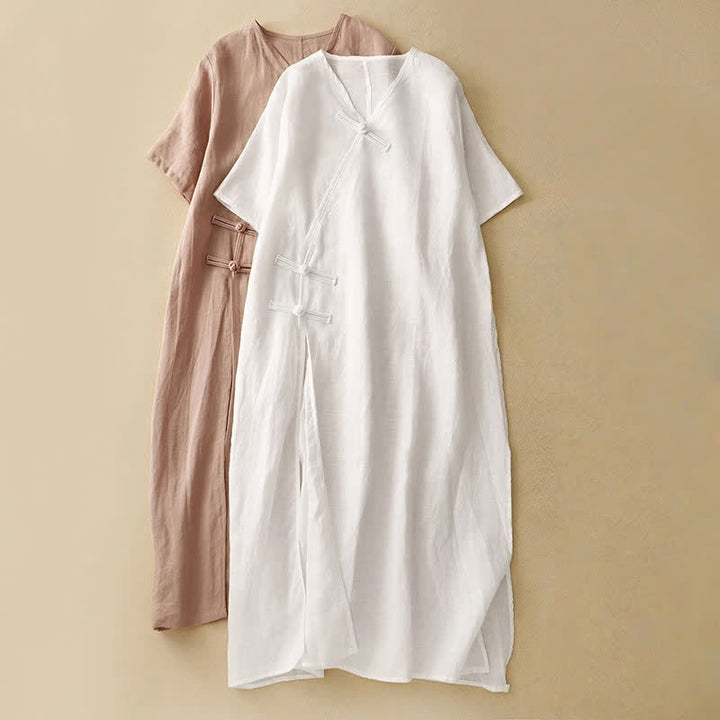 Robe mi-longue d'été en coton et lin à col en V et boutons grenouille pour femme - image 16