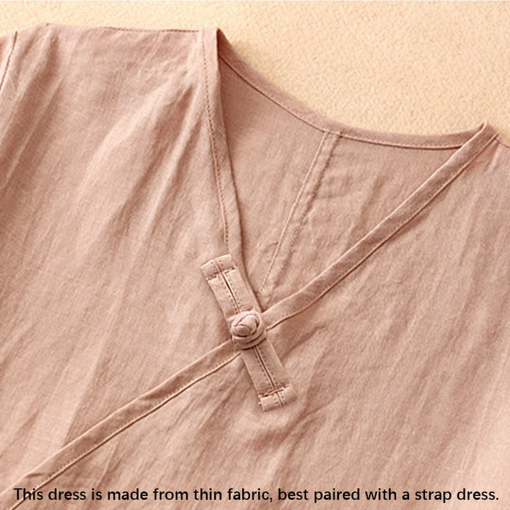 Robe mi-longue d'été en coton et lin à col en V et boutons grenouille pour femme - image 3