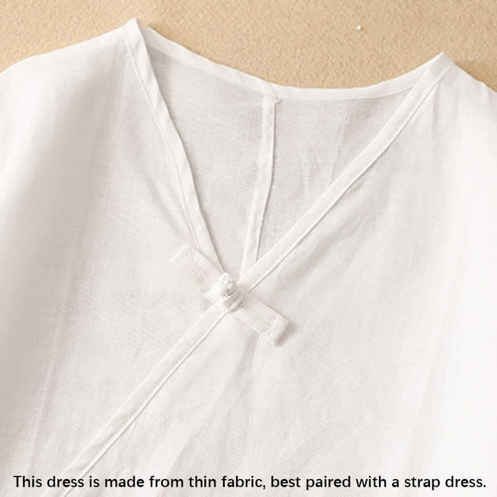 Robe mi-longue d'été en coton et lin à col en V et boutons grenouille pour femme - image 10