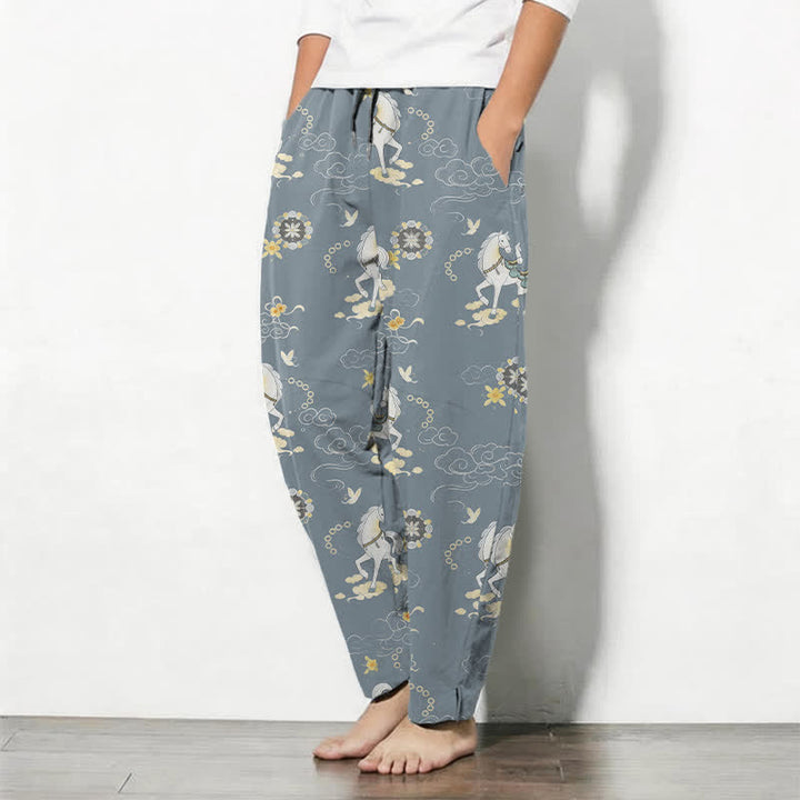 Buddha Stones Pantalon fuselé pour homme en pur coton blanc à motif de chevaux et de fleurs de nuages, avec cordon de serrage et poches. - image 1