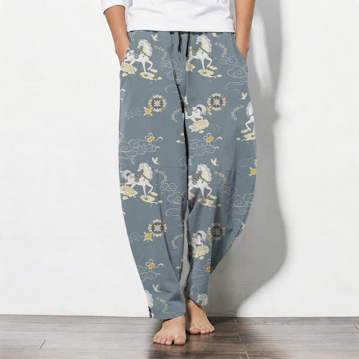 Buddha Stones Pantalon fuselé pour homme en pur coton blanc à motif de chevaux et de fleurs de nuages, avec cordon de serrage et poches. - Bleu acier clair - US/UK/AU50，EU60 (5XL) - image 0
