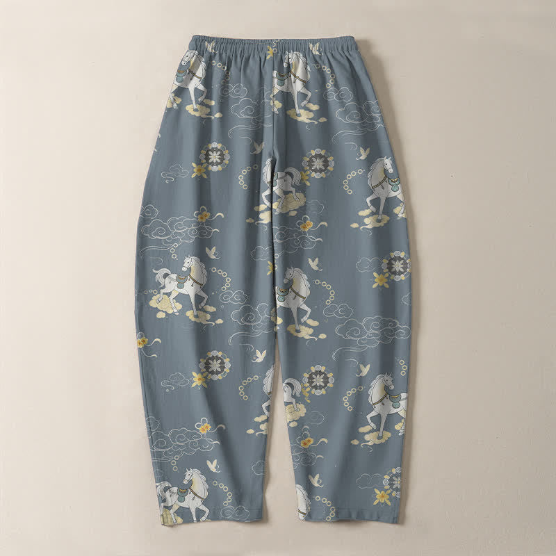 Buddha Stones Pantalon fuselé pour homme en pur coton blanc à motif de chevaux et de fleurs de nuages, avec cordon de serrage et poches. - image 3