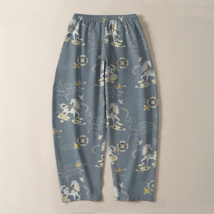 Buddha Stones Pantalon fuselé pour homme en pur coton blanc à motif de chevaux et de fleurs de nuages, avec cordon de serrage et poches. - image 3