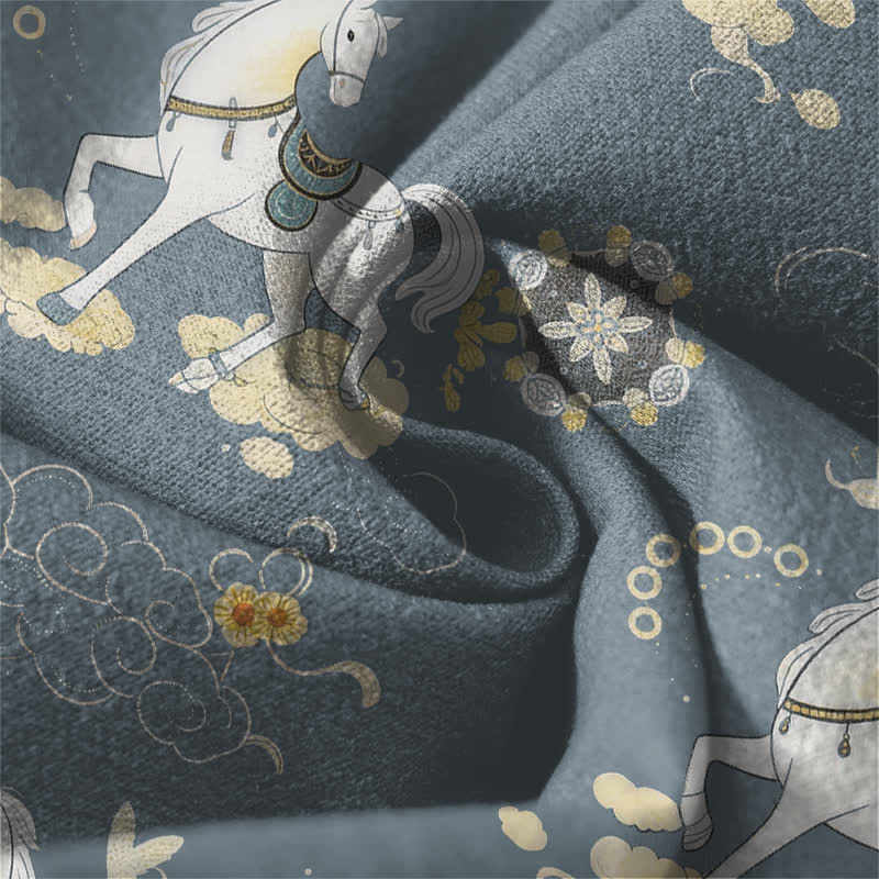 Buddha Stones Pantalon fuselé pour homme en pur coton blanc à motif de chevaux et de fleurs de nuages, avec cordon de serrage et poches. - image 6