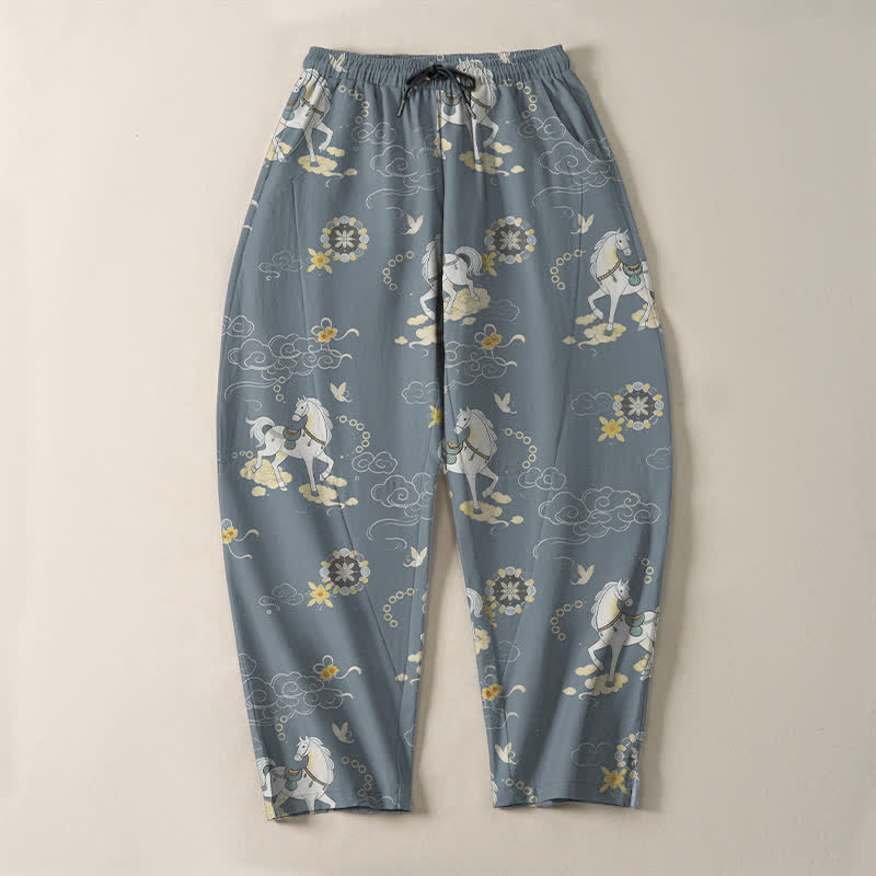 Buddha Stones Pantalon fuselé pour homme en pur coton blanc à motif de chevaux et de fleurs de nuages, avec cordon de serrage et poches. - image 2