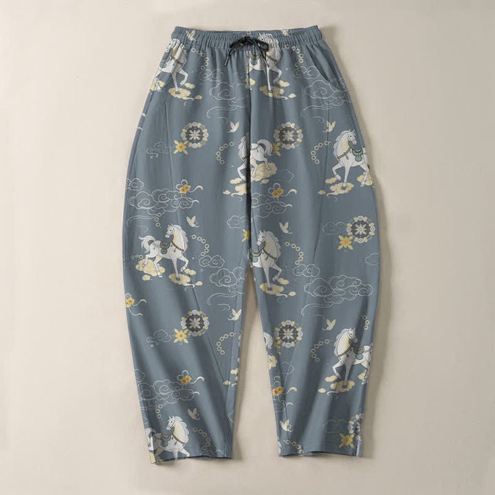 Buddha Stones Pantalon fuselé pour homme en pur coton blanc à motif de chevaux et de fleurs de nuages, avec cordon de serrage et poches. - image 2