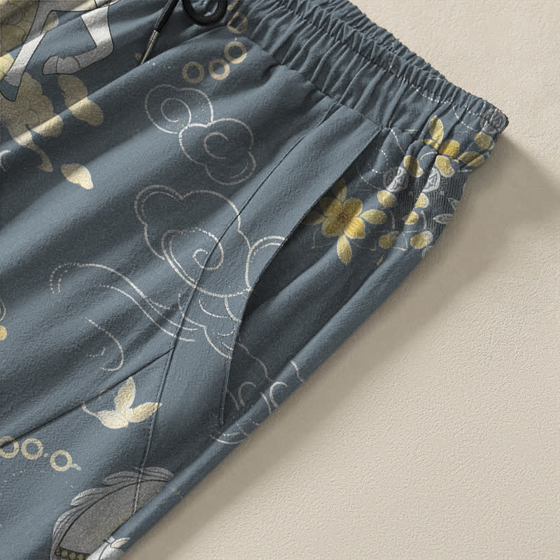 Buddha Stones Pantalon fuselé pour homme en pur coton blanc à motif de chevaux et de fleurs de nuages, avec cordon de serrage et poches. - image 4