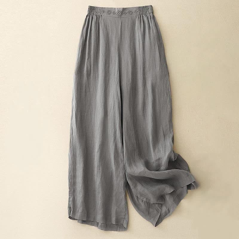 Pantalon large en coton et lin pour femme, avec poches, broderie géométrique et Buddha Stones , taille élastique - Gris - US12，UK/AU16，EU44 (2XL) - image 6