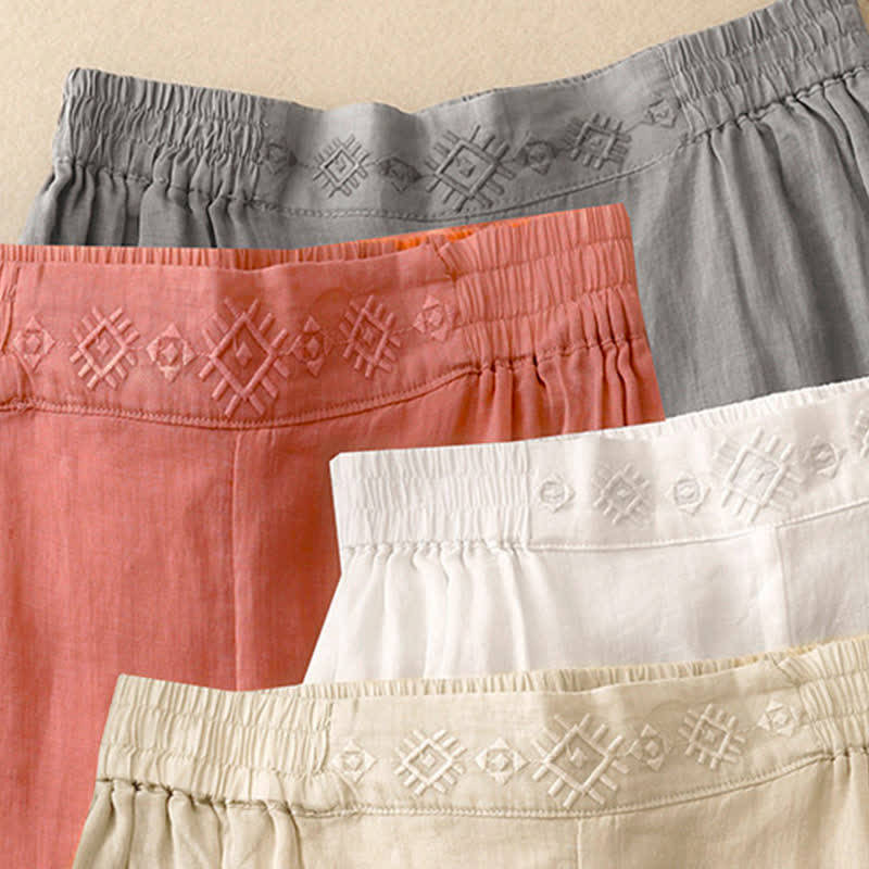 Pantalon large en coton et lin pour femme, avec poches, broderie géométrique et Buddha Stones , taille élastique - image 26