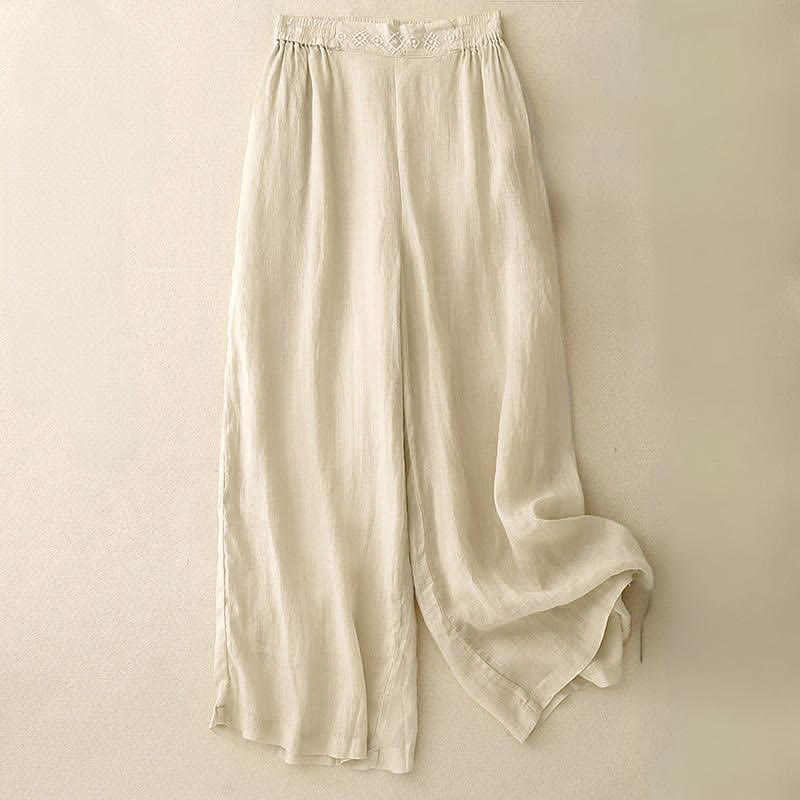 Pantalon large en coton et lin pour femme, avec poches, broderie géométrique et Buddha Stones , taille élastique - Beige - US12，UK/AU16，EU44 (2XL) - image 11
