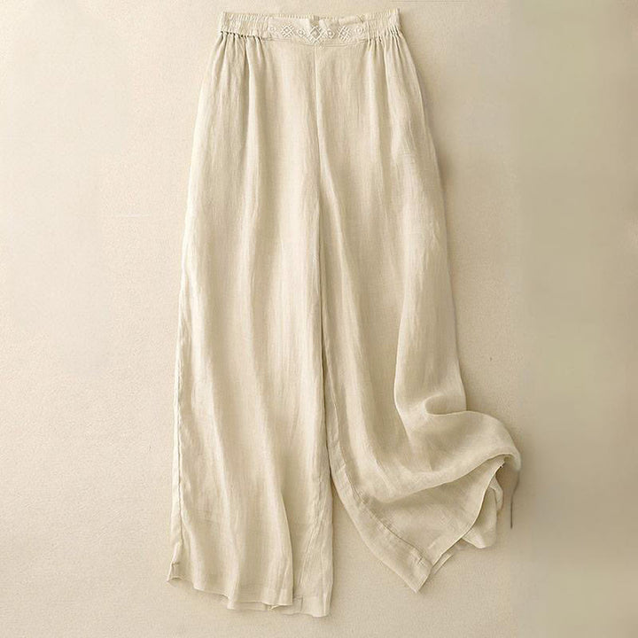 Pantalon large en coton et lin pour femme, avec poches, broderie géométrique et Buddha Stones , taille élastique - Beige - US12，UK/AU16，EU44 (2XL) - image 11