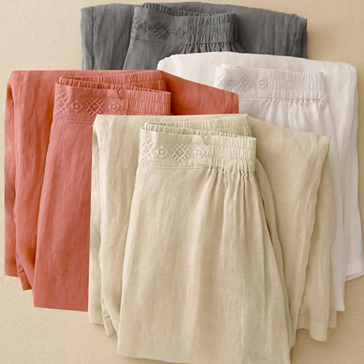 Pantalon large en coton et lin pour femme, avec poches, broderie géométrique et Buddha Stones , taille élastique - image 1