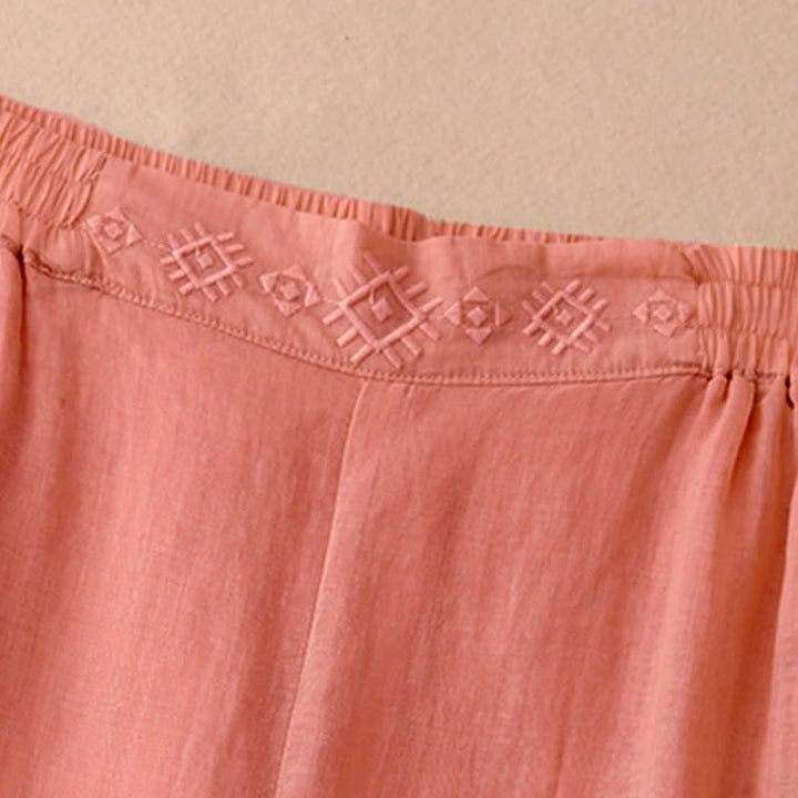 Pantalon large en coton et lin pour femme, avec poches, broderie géométrique et Buddha Stones , taille élastique - image 2