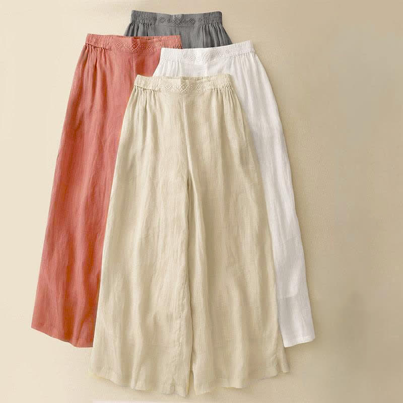 Pantalon large en coton et lin pour femme, avec poches, broderie géométrique et Buddha Stones , taille élastique - image 25