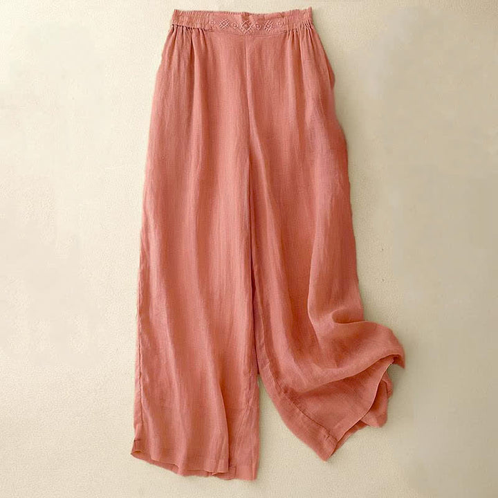 Pantalon large en coton et lin pour femme, avec poches, broderie géométrique et Buddha Stones , taille élastique - Saumon clair - US12，UK/AU16，EU44 (2XL) - image 0