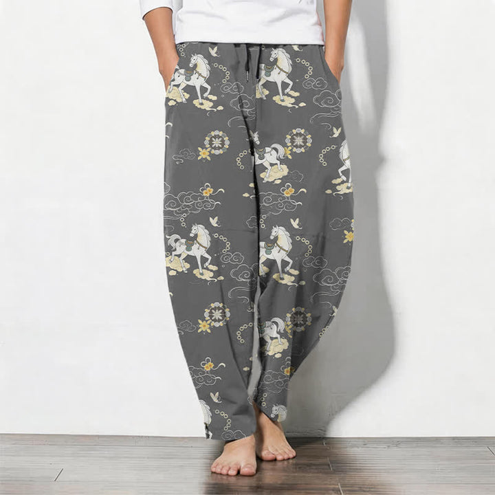 Buddha Stones Pantalon fuselé pour homme en pur coton blanc à motif de chevaux et de fleurs de nuages, avec cordon de serrage et poches. - Gris sombre - US/UK/AU50，EU60 (5XL) - image 7