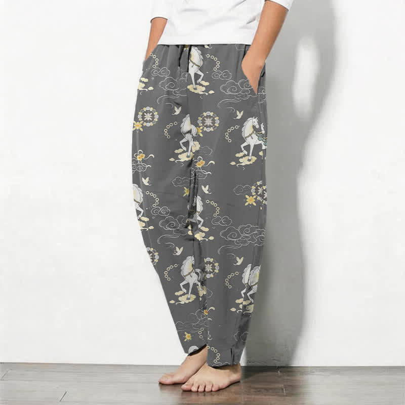 Buddha Stones Pantalon fuselé pour homme en pur coton blanc à motif de chevaux et de fleurs de nuages, avec cordon de serrage et poches. - image 8