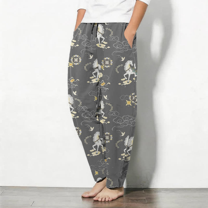 Buddha Stones Pantalon fuselé pour homme en pur coton blanc à motif de chevaux et de fleurs de nuages, avec cordon de serrage et poches. - image 8
