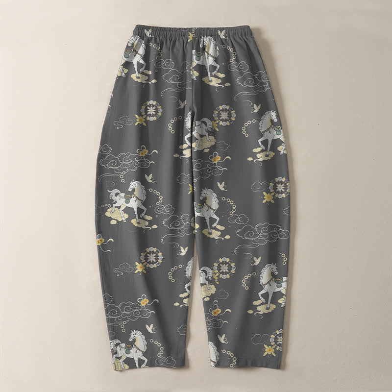 Buddha Stones Pantalon fuselé pour homme en pur coton blanc à motif de chevaux et de fleurs de nuages, avec cordon de serrage et poches. - image 10