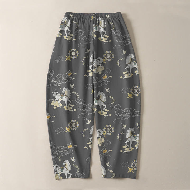 Buddha Stones Pantalon fuselé pour homme en pur coton blanc à motif de chevaux et de fleurs de nuages, avec cordon de serrage et poches. - image 10