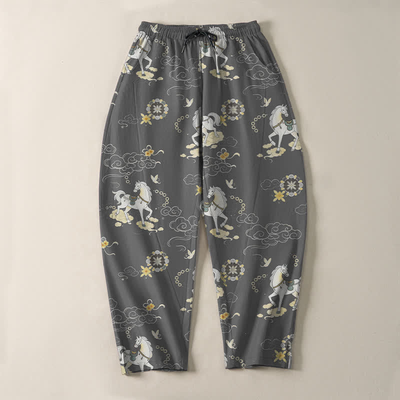 Buddha Stones Pantalon fuselé pour homme en pur coton blanc à motif de chevaux et de fleurs de nuages, avec cordon de serrage et poches. - image 9